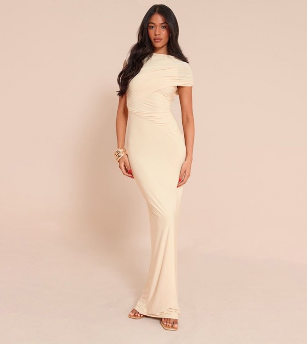 Tall Double Layer Slinky Off Shoulder Drape Maxi Dress