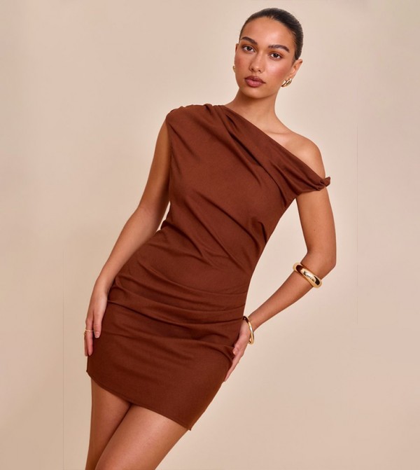 Linen Look Twist Shoulder Shift Dress