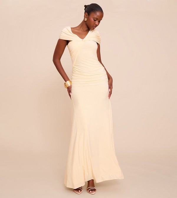 Double Layer Slinky Asymmetric Ruched Maxi Dress