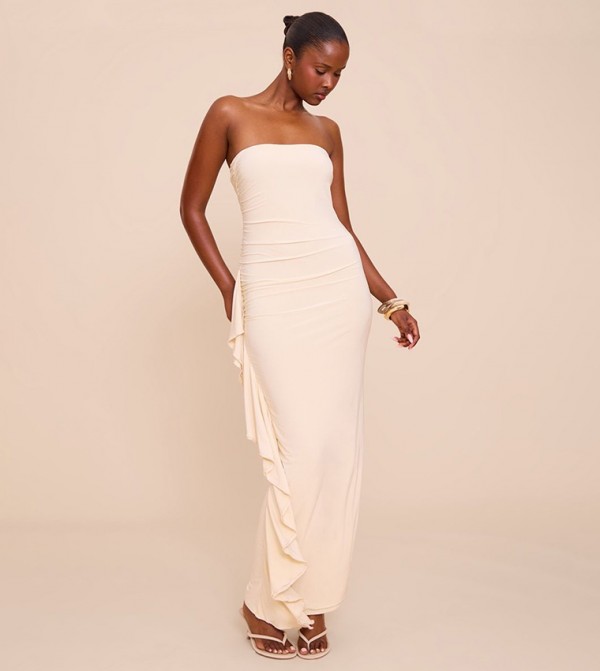 Double Layer Slinky Strapless Frill Detail Maxi Dress