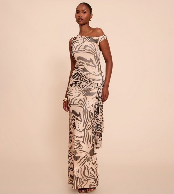 Zebra Print Mesh Asymmetric Neckline Maxi Dress