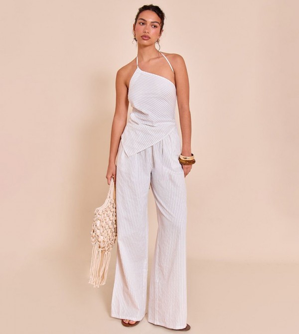 Woven Pinstriped Asymmetric Jumpsuit