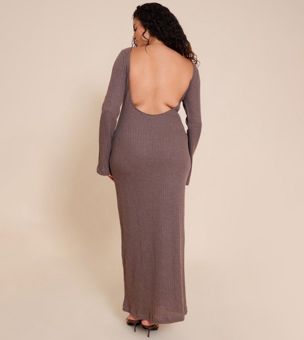 Curve Textured Backless Boat Neck Long Sleeves Maxi Dress