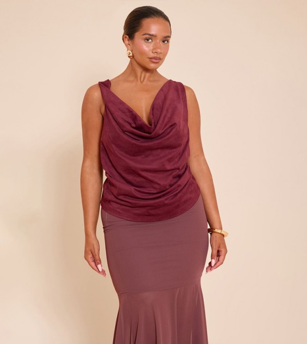 Shape Faux Suede Cowl Neck Gold Trim Top