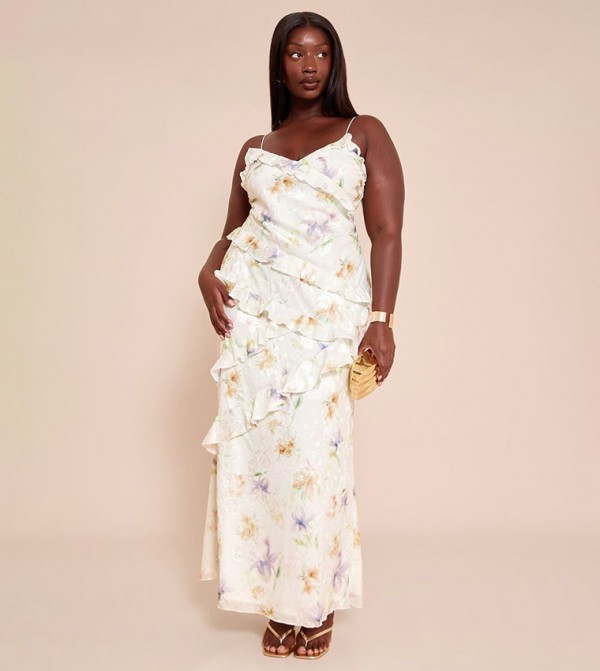 Curve Floral Print Frill Maxi Dress