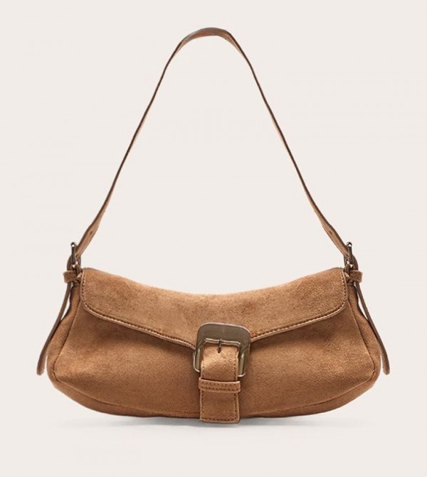 Suede Buckle Detail Shoulder Bag