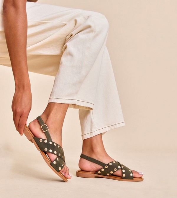 Faux Suede Studded Slingback Flat Sandals