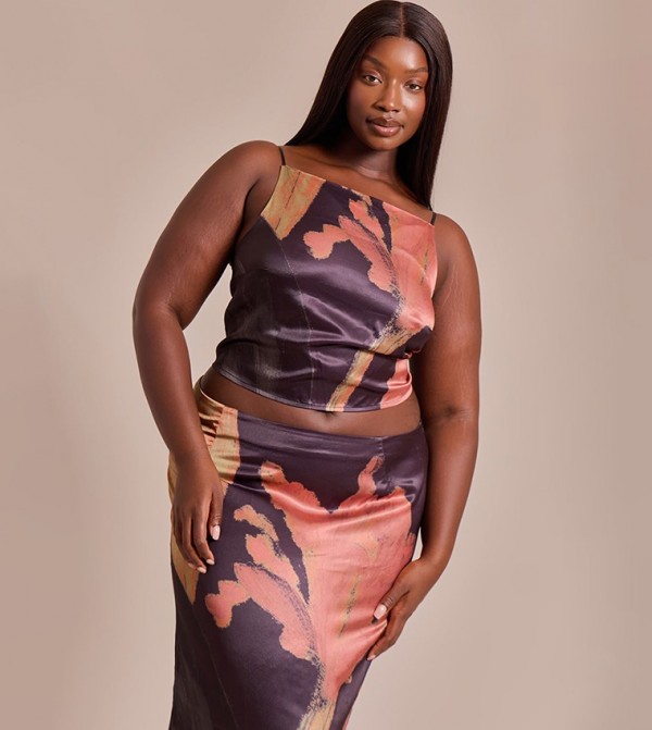 Curve Floral Printed Satin Strappy Crop Top