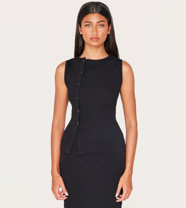 Ribbed Asymmetric Button Up Sleeveless Top
