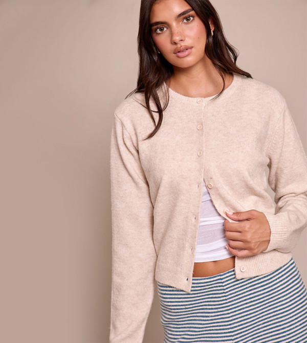 Oatmeal Round Neck Knit Cardigan