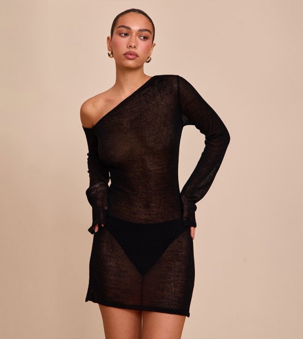 Textured Asymmetric Filigree Mini Dress