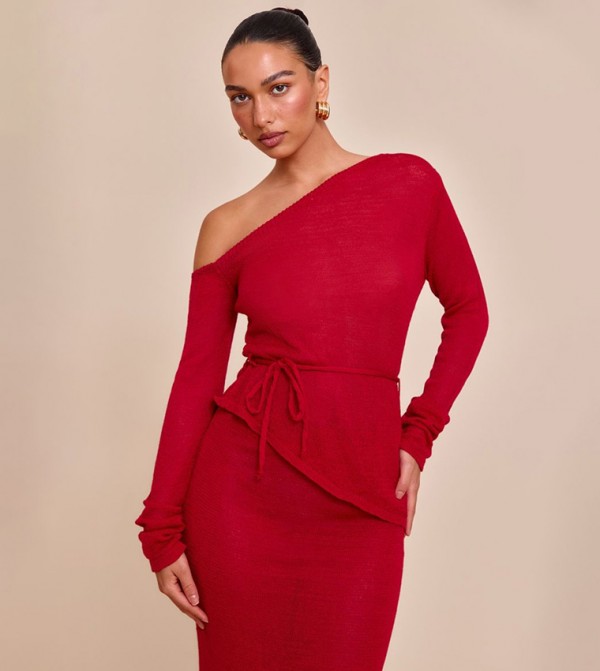 Asymmetric Neck Belted Filigree Top