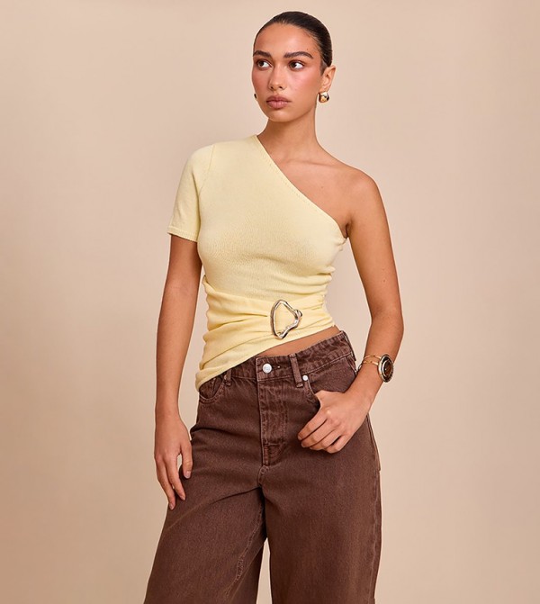 One Shoulder Asymmetric Trim Detail Knit Top