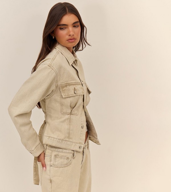 Light Pleated Cinch Back Denim Jacket