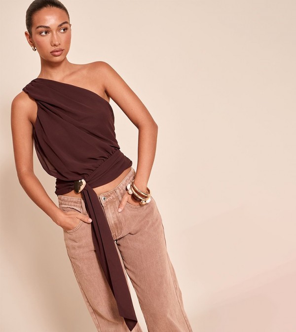 Chiffon One Shoulder Ruched Trim Ruched Top