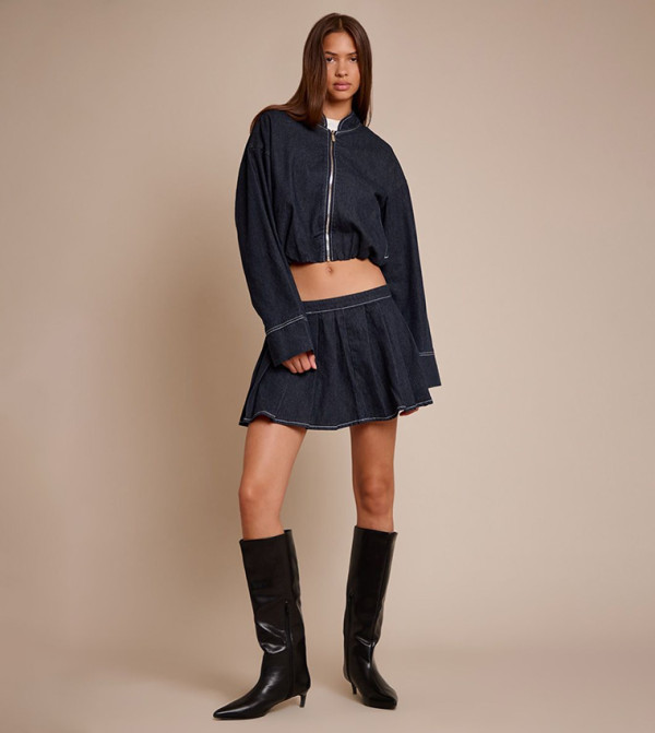 Denim Pleated Mini Skirt