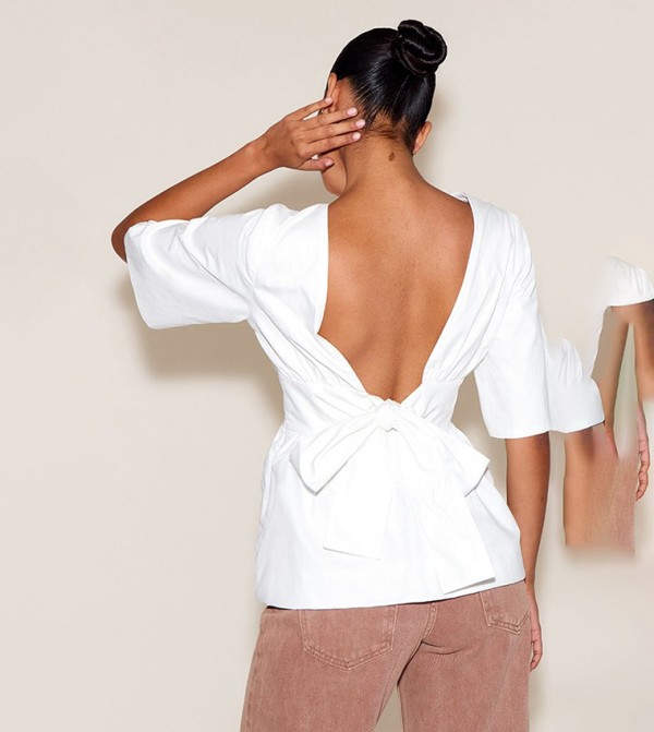 Solid Short Sleeves Tie Back Top
