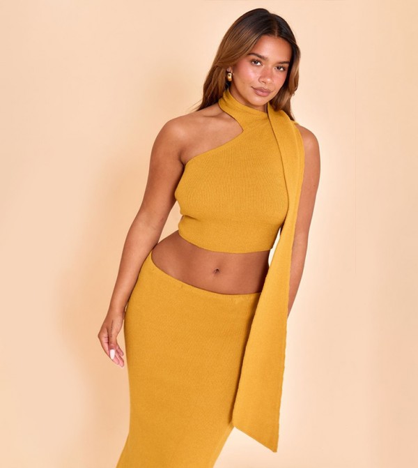 Shape Knitted One Shoulder Scarf Crop Top