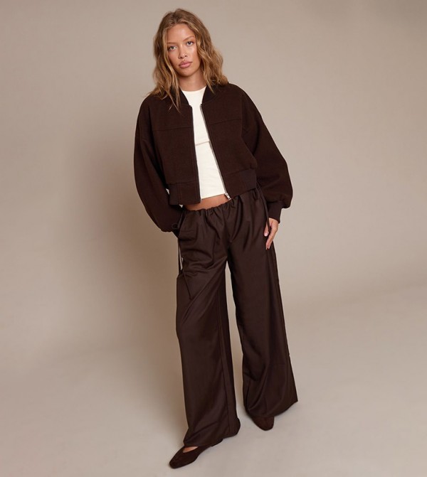 Ruched Sleeves Cropped Bomber Jacket