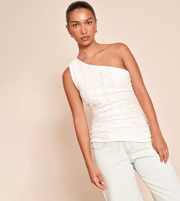 Crochet Textured One Shoulder Ruched Top