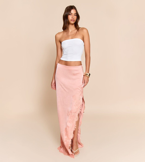 Satin Lace Side Split Maxi Skirt