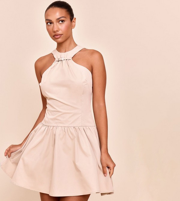 Belt Detail Sleeveless Pleated Shift Mini Dress