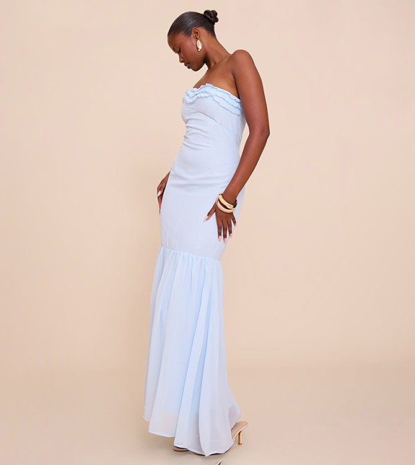 Buy PrettyLittleThing Acetate Slinky Bardot Long Sleeves Maxi Dress In Blue  | 6thStreet Qatar