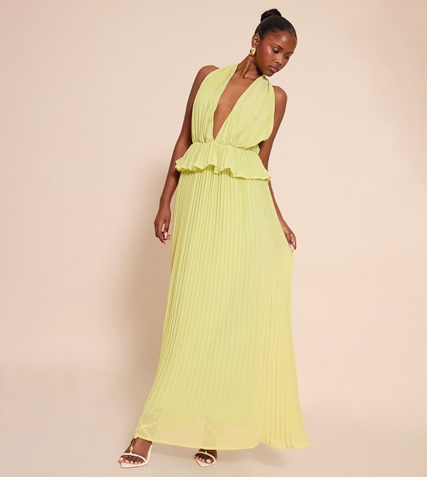 Plisse Halterneck Frill Detail Maxi Dress