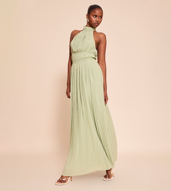 Extreme Pleated High Neck Sleeveless Maxi Dress