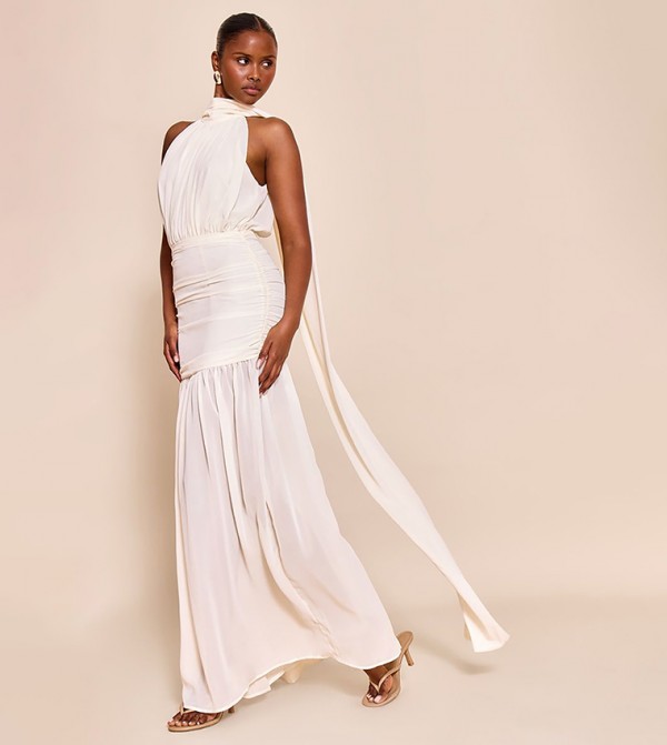 High Neck Scarf Detail Ruched Maxi Dress