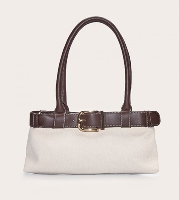 Canvas Belted PU Elongated Shoulder Bag