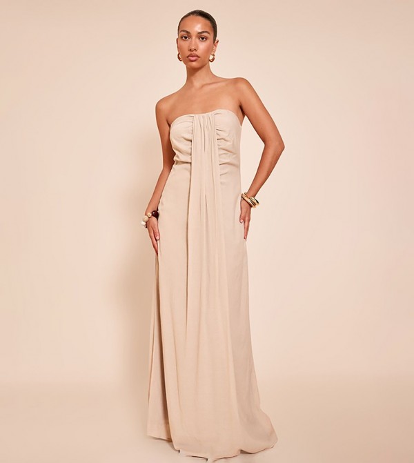 Strapless Drape Detail Column Maxi Dress