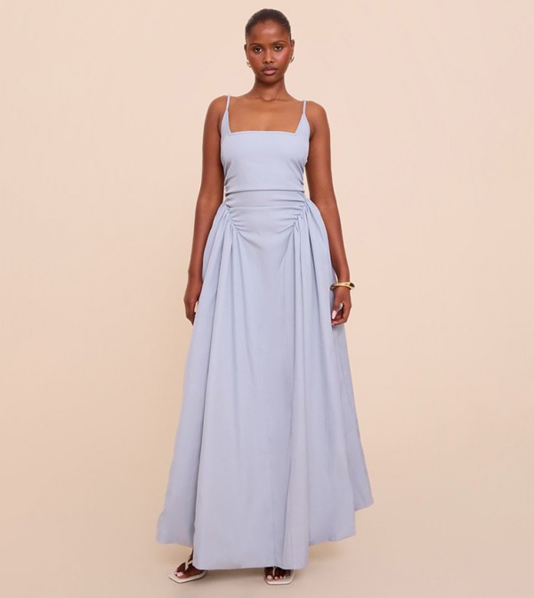 Solid Ruched Strappy Maxi Dress