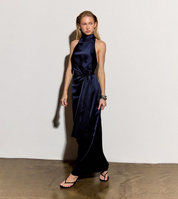 Satin Tie Knot Ruched Detail Maxi Dress