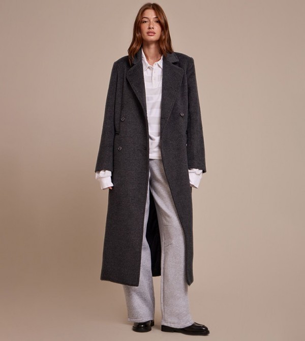 Structured Double Breasted Wool Look Maxi Coat