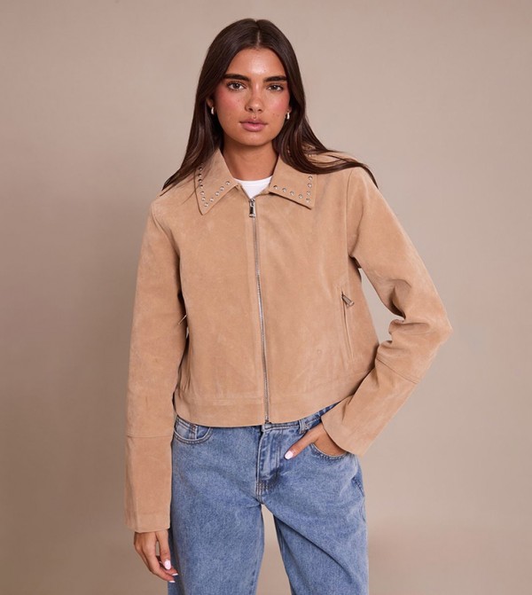 Sand Studded Detail Faux Suede Zip-Through Jacket