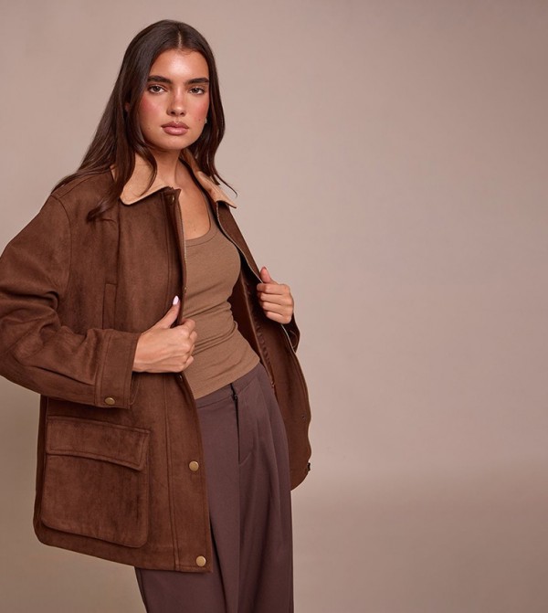 Solid Oversized Pocket Detail Contrast Collar Jacket