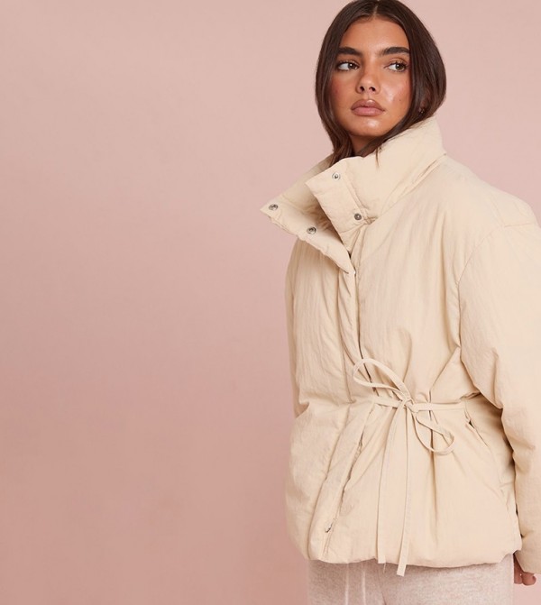 High Neck Tie Waist Quilted Jacket