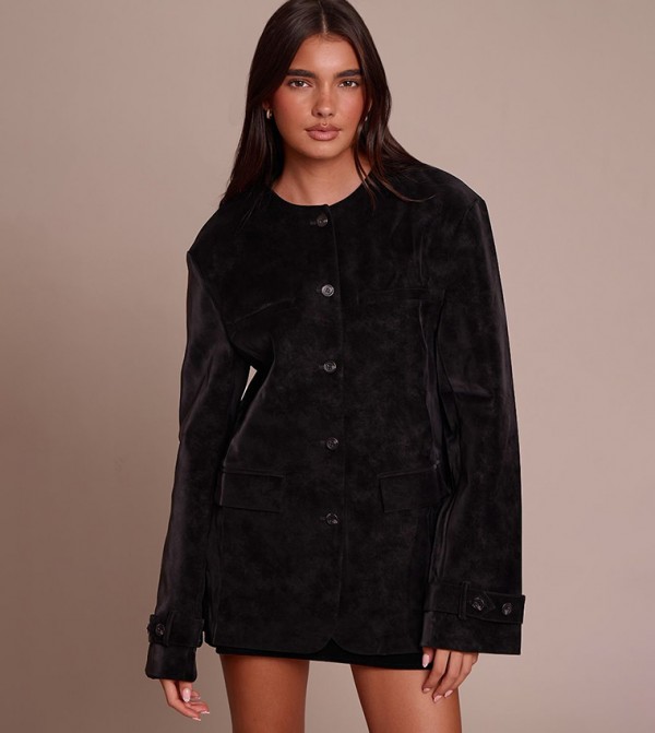 Collarless Button Detail Faux Suede Jacket