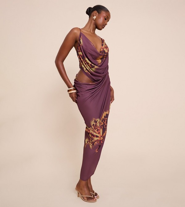 Floral Print Chiffon Drape Cut-Out Maxi Dress