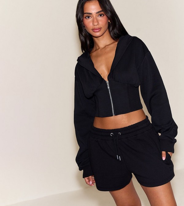 Petite Embroidered Interlock Cinch Waist Zip Hooded Jacket