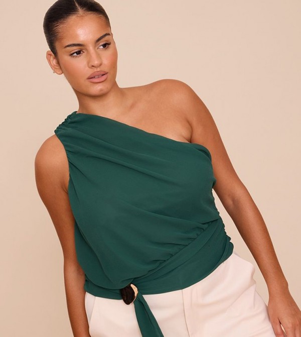 Curve Chiffon One Shoulder Ruched Trim Drape Top