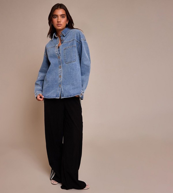 Washed Oversized Single Pocket Detail Denim Shirt