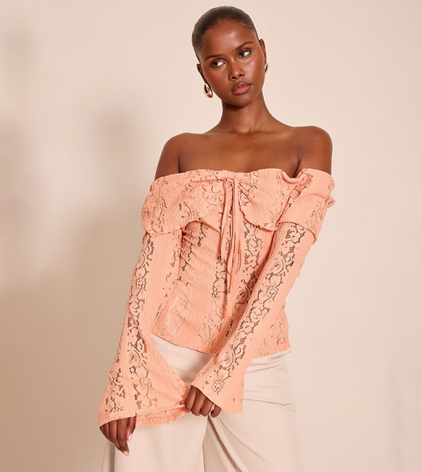 Lace Flared Sleeves Bardot Top