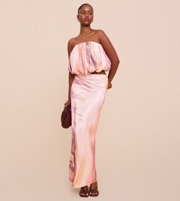 Abstract Print Satin Mid Rise Maxi Skirt
