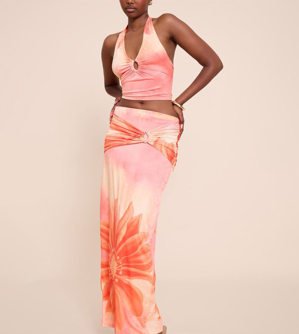 Floral Print Ruched Detail Flowy Maxi Skirt