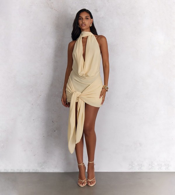 Solid Wrap Halterneck Mini Dress