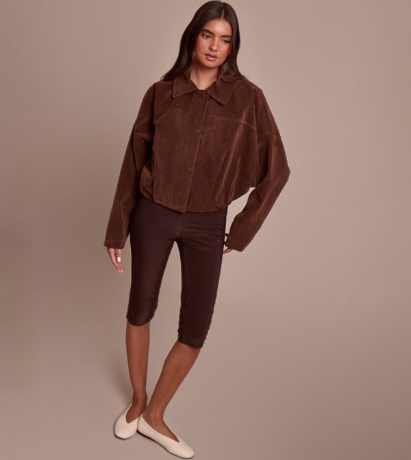 Faux Suede Covered Placket Bomber Jacket