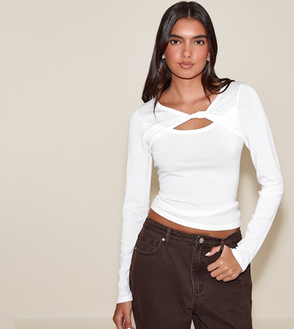 Fine Knit Twist Neck Long Sleeves Crop Top