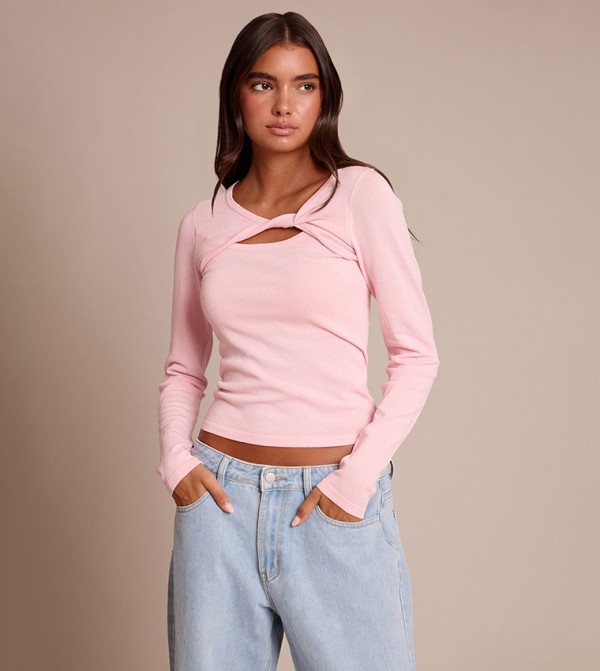 Fine Knit Twist Neck Long Sleeves Crop Top